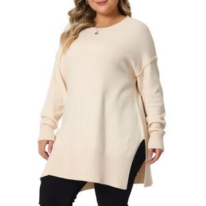 Plus Size Sweater Oversized Crew Neck Slit hem Knit Pullover Tops Apricot.